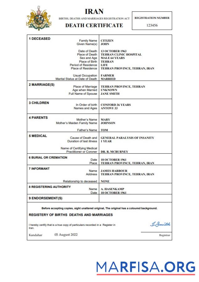 Blank Iran death certificate Word and PDF template